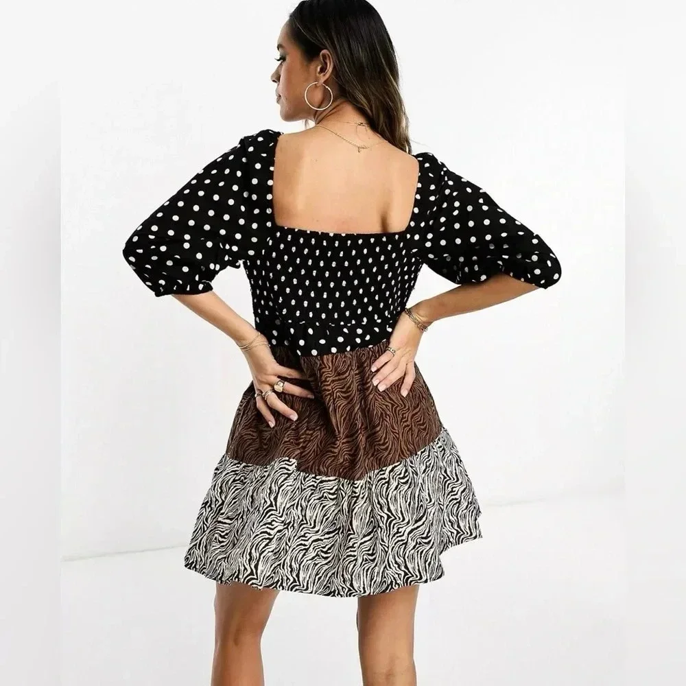 ASOS DESIGN crochet tiered babydoll mini dress in mixed animal print SZ 2O - Picture 4 of 9
